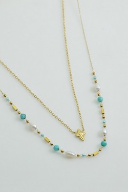 A0889N-Collier double rang en acier inoxydable, pierres naturelles, perles de culture et perles rocailles-VERT CLAIR