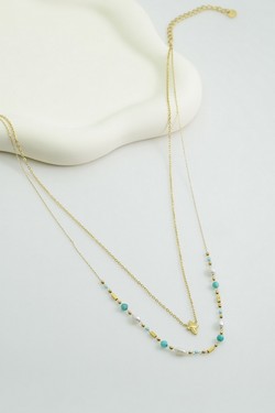 A0889N-Collier double rang en acier inoxydable, pierres naturelles, perles de culture et perles rocailles-VERT CLAIR