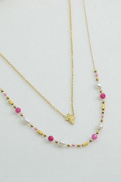 A0889N-Collier double rang en acier inoxydable, pierres naturelles, perles de culture et perles rocailles-VERT CLAIR