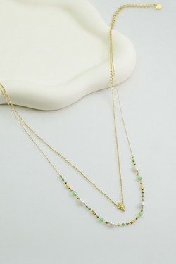 A0889N-Collier double rang en acier inoxydable, pierres naturelles, perles de culture et perles rocailles-VERT CLAIR