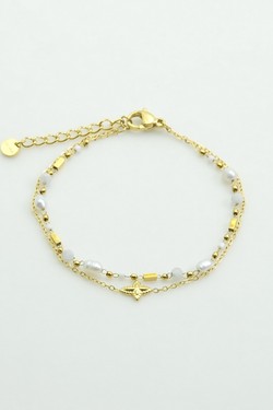 A0889B-N Parure collier et bracelet en acier inoxydable doré, pierres naturelles, perles d’eau douce et perles rocailles-BLEU