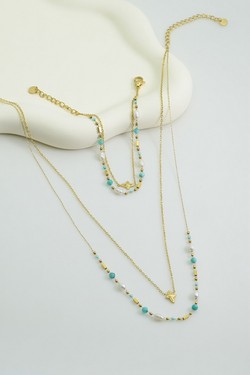 A0889B-N Parure collier et bracelet en acier inoxydable doré, pierres naturelles, perles d’eau douce et perles rocailles-BLEU