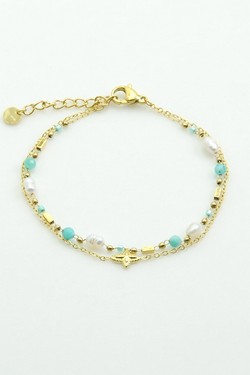 A0889B-N Parure collier et bracelet en acier inoxydable doré, pierres naturelles, perles d’eau douce et perles rocailles-BLEU