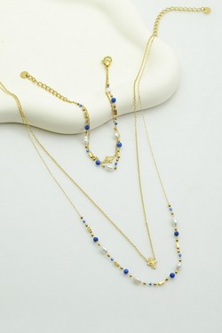 A0889B-N Parure collier et bracelet en acier inoxydable doré, pierres naturelles, perles d’eau douce et perles rocailles-BLEU