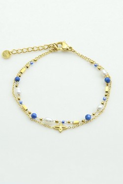 A0889B-N Parure collier et bracelet en acier inoxydable doré, pierres naturelles, perles d’eau douce et perles rocailles-BLEU