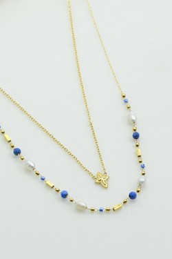 A0889B-N Parure collier et bracelet en acier inoxydable doré, pierres naturelles, perles d’eau douce et perles rocailles-BLEU