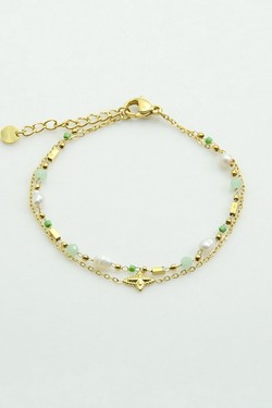 A0889B-N Parure collier et bracelet en acier inoxydable doré, pierres naturelles, perles d’eau douce et perles rocailles-BLEU