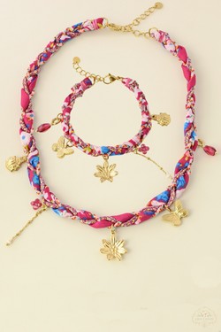 A0799B-N Parure collier & bracelet en acier inoxydable doré, tissu tressé-MULTICOULEUR