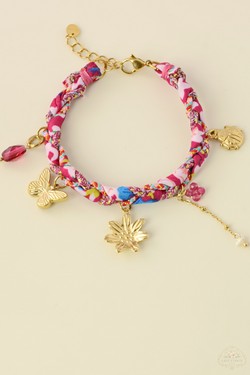A0799B-N Parure collier & bracelet en acier inoxydable doré, tissu tressé-MULTICOULEUR