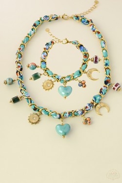 A0800N-Collier en acier inoxydable doré, tissu tressé et céramique-MULTICOULEUR