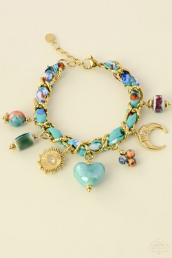 A0800B-N Parure collier & bracelet en acier inoxydable doré, tissu tressé et céramique-MULTICOULEUR