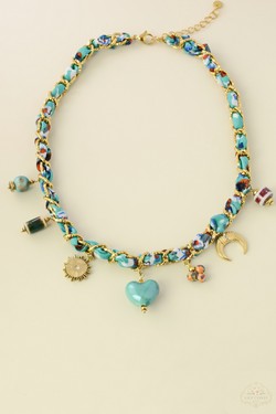 A0800B-N Parure collier & bracelet en acier inoxydable doré, tissu tressé et céramique-MULTICOULEUR