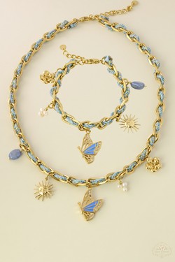 A0801B-N Parure collier & bracelet en acier inoxydable doré et cordon tressé-BLEU