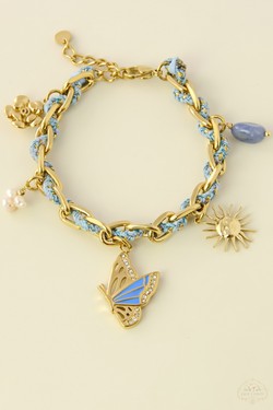 A0801B-N Parure collier & bracelet en acier inoxydable doré et cordon tressé-BLEU