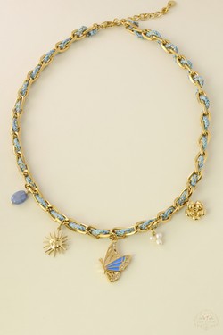 A0801N-Collier en acier inoxydable doré et cordon tressé-BLEU