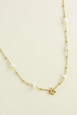 A0780N-10 Collier en acier inoxydable fleur et perles d’eau douce-BLANC