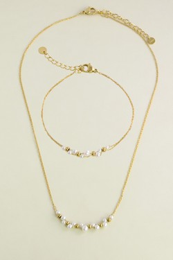 A0775N-10 Collier en acier inoxydable et perles d’imitation-BLANC