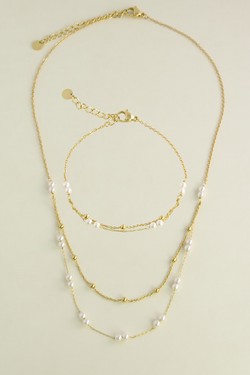 A0777B-N Parure collier et bracelet en acier inoxydable et perles d’imitation-BLANC