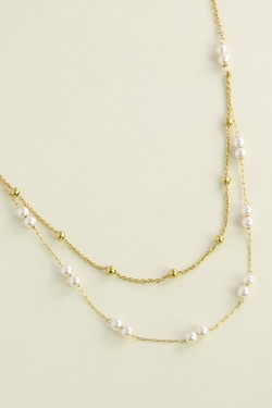 A0777N-Collier en acier inoxydable double rang et perles d’imitation-BLANC