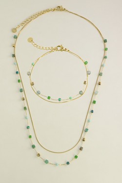 A0888B-Bracelet double rang doré en acier inoxydable, pierres naturelles-BLEU