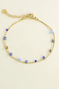 A0888B-Bracelet double rang doré en acier inoxydable, pierres naturelles-BLEU