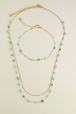 A0888B-Bracelet double rang doré en acier inoxydable, pierres naturelles-BLEU
