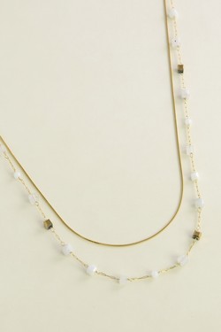 A0888B-N Parure collier et bracelet en acier inoxydable, pierres naturelles-ROUGE
