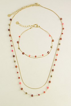 A0888B-N Parure collier et bracelet en acier inoxydable, pierres naturelles-ROUGE