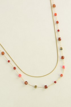 A0888B-N Parure collier et bracelet en acier inoxydable, pierres naturelles-ROUGE