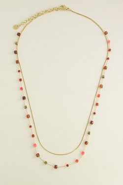 A0888B-N Parure collier et bracelet en acier inoxydable, pierres naturelles-ROUGE