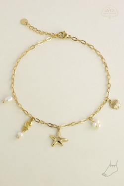A0929A-10 Chaîne de cheville dorée en acier inoxydable et perles d’eau douce-BLANC