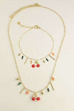 A0921B-N Parure collier et bracelet dorés en acier inoxydable avec breloque cerise-ROUGE