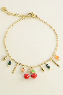A0921B-N Parure collier et bracelet dorés en acier inoxydable avec breloque cerise-ROUGE