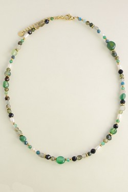 A0906B-N Parure collier et bracelet dorés en acier inoxydable avec pierres naturelles et perles d’eau douce-VERT