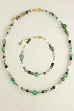 A0906N-Collier doré en acier inoxydable avec pierres naturelles et perles d’eau douce-VERT