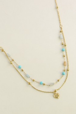 A0891N-Collier doré en acier inoxydable avec pierres naturelles et pendentif cœur-BLEU FONCÉ