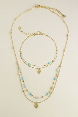 A0891N-Collier doré en acier inoxydable avec pierres naturelles et pendentif cœur-BLEU FONCÉ