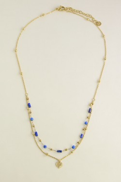 A0891N-Collier doré en acier inoxydable avec pierres naturelles et pendentif cœur-BLEU FONCÉ
