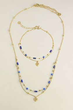 A0891N-Collier doré en acier inoxydable avec pierres naturelles et pendentif cœur-BLEU FONCÉ