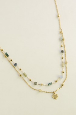 A0891N-Collier doré en acier inoxydable avec pierres naturelles et pendentif cœur-BLEU FONCÉ