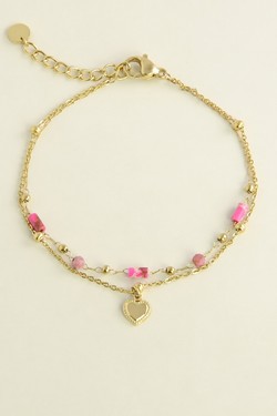 A0891B-Bracelet doré en acier inoxydable avec pierres naturelles et pendentif cœur-FUCHSIA