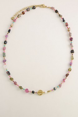 A0910B-N Parure collier et bracelet dorés en acier inoxydable avec pierres naturelles-MULTICOULEUR