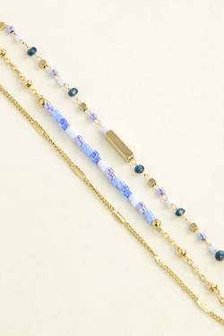 A0855B-Bracelet triple rangs doré en acier inoxydable avec perles rocailles et perles en pâte de verre-BLEU