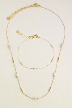 A0876B-Bracelet doré en acier inoxydable et pierres naturelles-BLEU FONCÉ