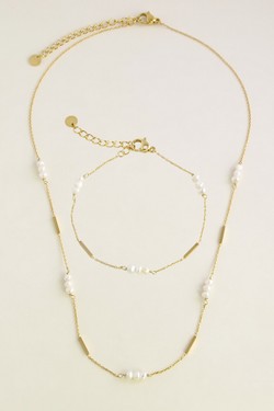 A0876B-10 Bracelet doré en acier inoxydable et perles d’eau douce-BLANC