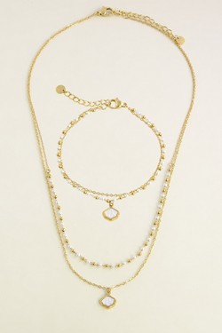 A0931N-Collier 2 rangs coquillage en acier inoxydable doré et perles d’imitation-BLANC
