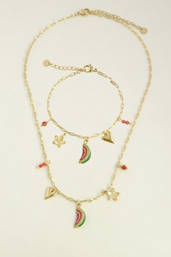 A0919N-Collier pastèque en acier inoxydable doré et émail-ROUGE
