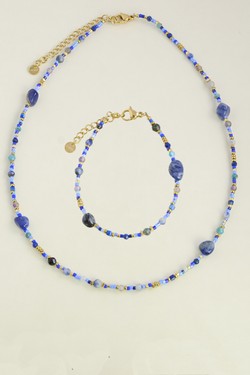 A0904B-Bracelet en acier inoxydable doré, pierres et perles rocailles-BLEU FONCÉ