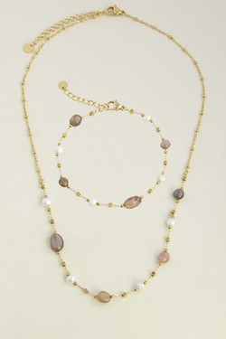 A0940B-N Parure dorée en acier inoxydable, perles d’eau douce et pierres-TUQUOISE