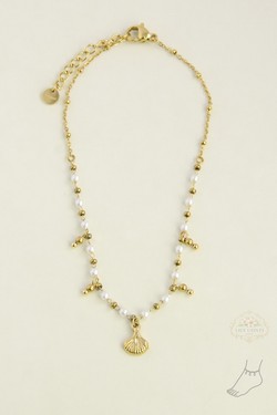 A0926A-10 Chaîne de cheville dorée en acier inoxydable, perles d’imitation et pendentif coquillage-BLANC